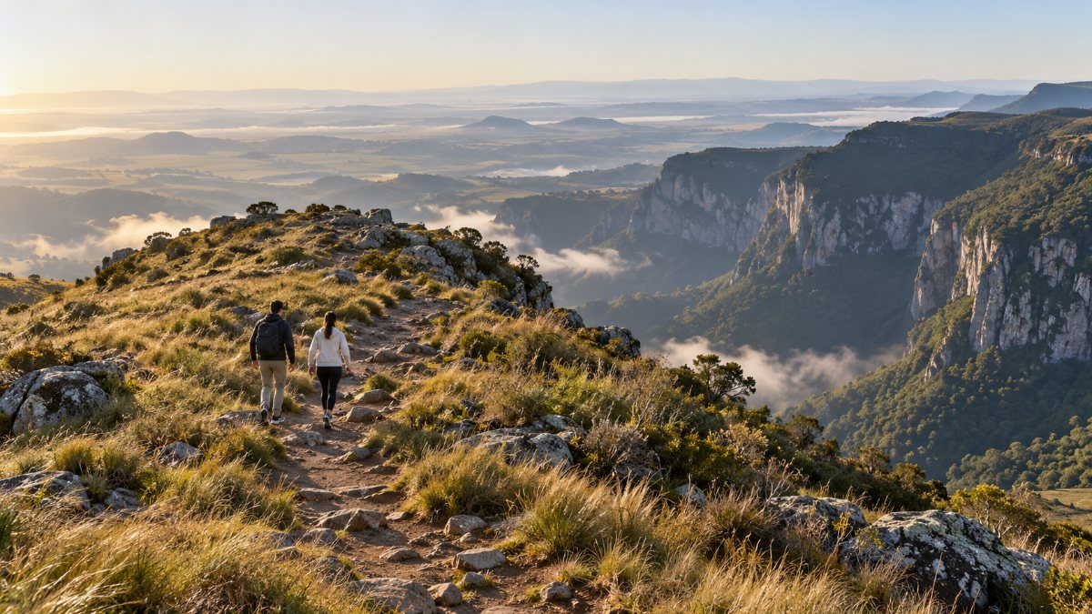 Trilha de terra em campo de altitude que leva ao mirante do Cânion Fortaleza