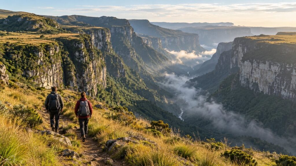 Cânion de paredões verdes em Cambará do Sul visto da borda, com neblina no fundo do vale