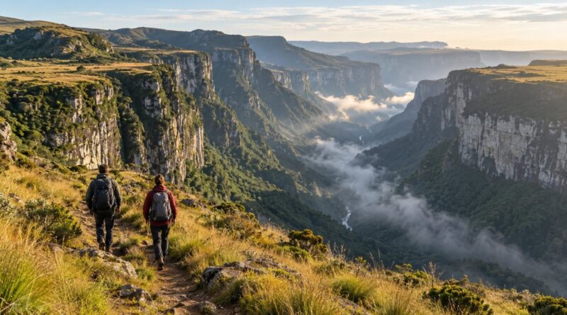 Cânion de paredões verdes em Cambará do Sul visto da borda, com neblina no fundo do vale