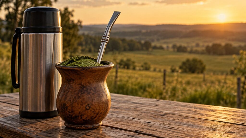 Cuia de chimarrão com bomba de inox e erva-mate ao lado de uma garrafa térmica sobre uma mesa de madeira
