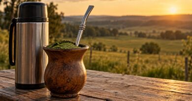 Cuia de chimarrão com bomba de inox e erva-mate ao lado de uma garrafa térmica sobre uma mesa de madeira