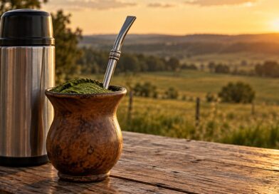 Cuia de chimarrão com bomba de inox e erva-mate ao lado de uma garrafa térmica sobre uma mesa de madeira