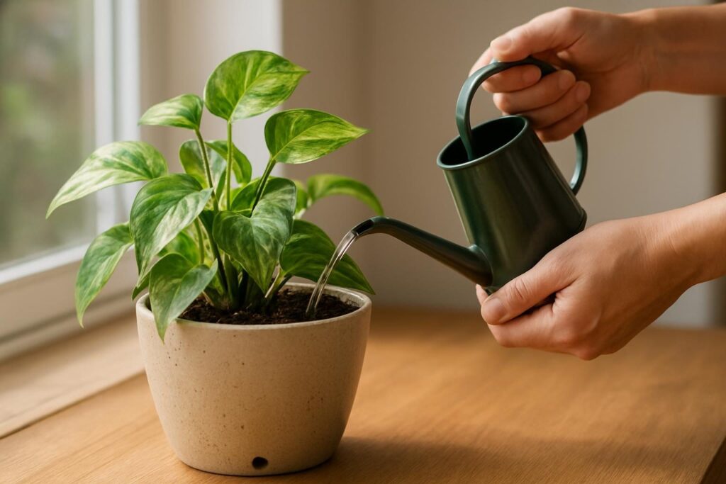 Mãos regando uma jiboia em vaso sobre bancada de madeira